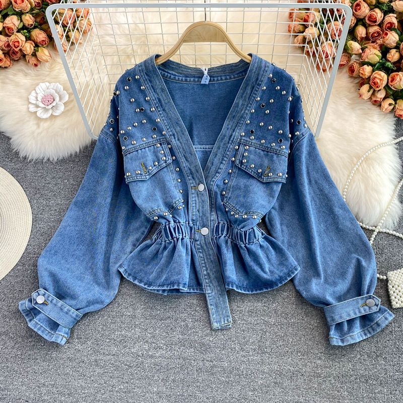 Denim Jacket Women's Autumn New Product Korean Loose Bf Fashion Versatile Studded V-Neck Short Waistband Top_mkmklike.com