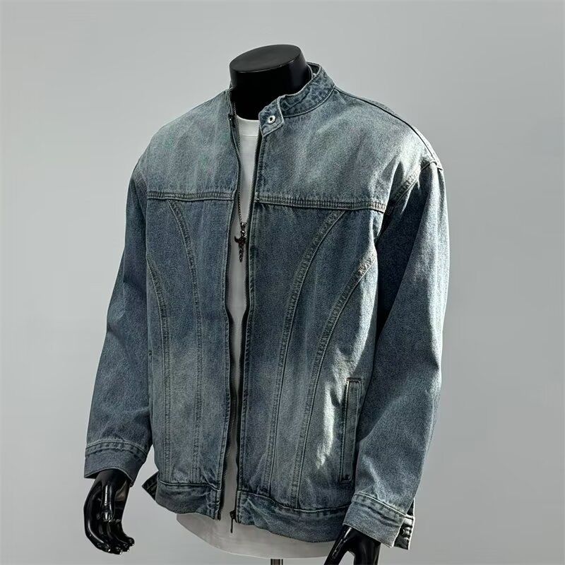 Washed Denim Jacket, Men's Casual Stand Up Collar Versatile Workwear Jacket, Vintage Top_mkmklike.com