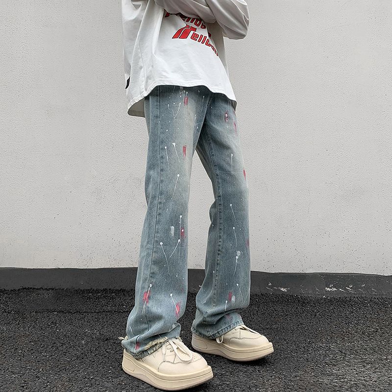 Men's Trendy Cleanfit Ripped And Splatter Painted Jeans Loose Fitting Slightly Flared Floor Length Trousers American High Street Style_mkmklike.com