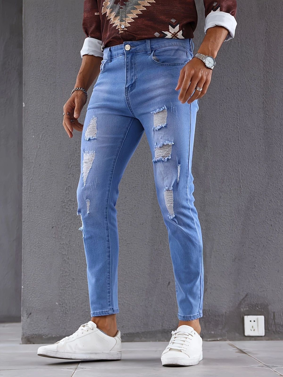 Men's Casual Slim Fit Skinny Jeans Distressed Patched Versatile Style European American Foreign Trade New Cross Border_mkmklike.com