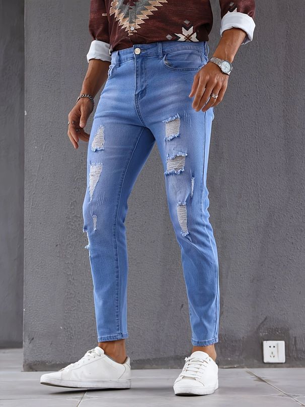 Men's Casual Slim Fit Skinny Jeans Distressed Patched Versatile Style European American Foreign Trade New Cross Border_mkmklike.com