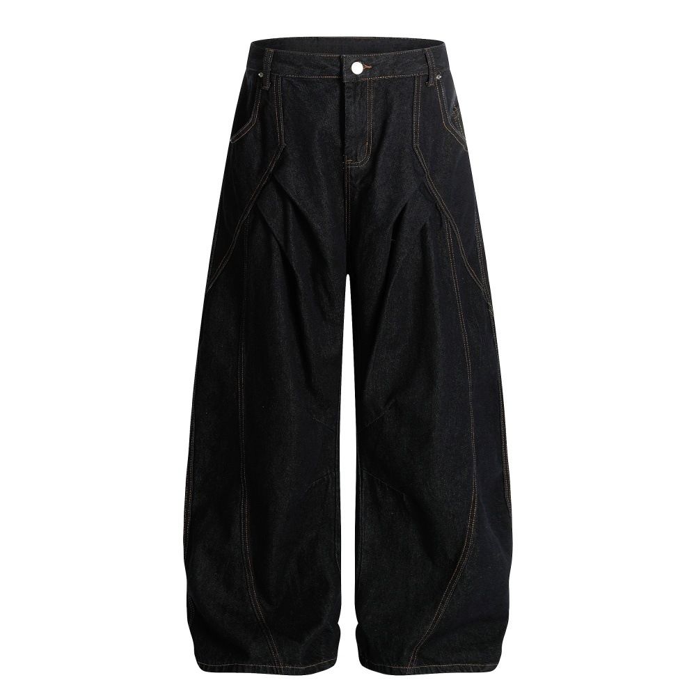 Loose Fit Jeans Trendy Brand Men's American High Street Style Wrinkled Design Pocket Embroidery Scimitar Wide Leg Pants_mkmklike.com