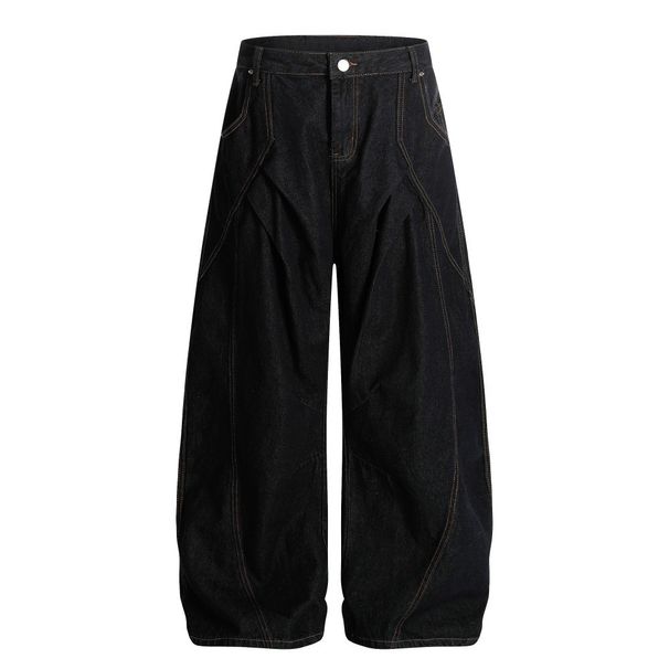 Loose Fit Jeans Trendy Brand Men's American High Street Style Wrinkled Design Pocket Embroidery Scimitar Wide Leg Pants_mkmklike.com
