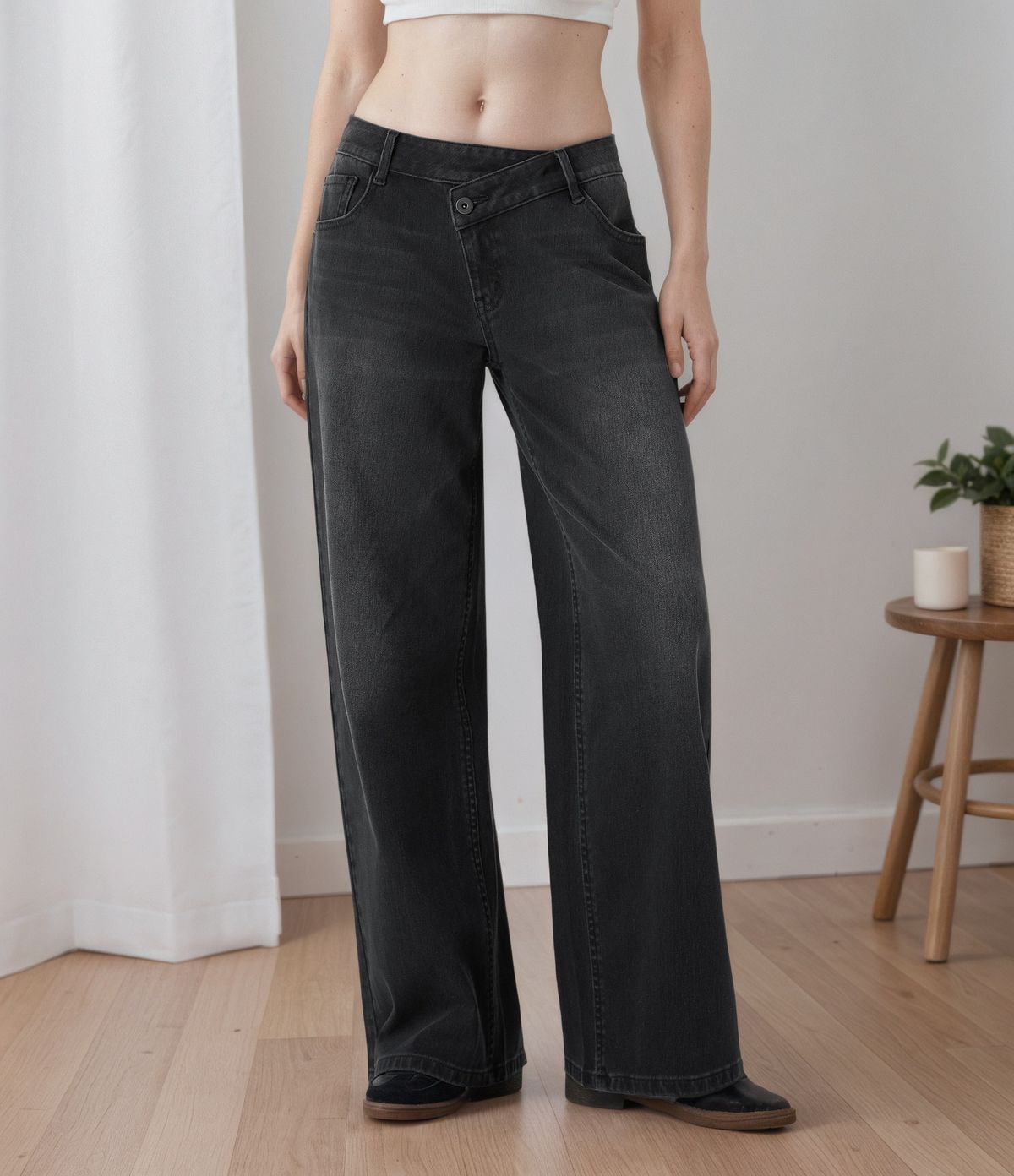 Women's Asymmetrical Low-Rise Straight Leg Jeans - Stretch Denim Pants With Button Detail, Dark Blue/Blue/Light Blue/Black For Casual Wear_mkmklike.com