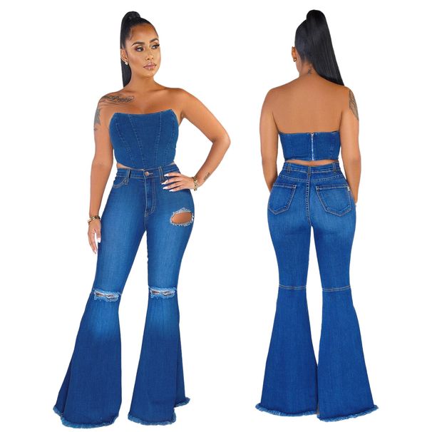 Women's Clothing Sexy Fashion Versatile Knee Hole Ripped Elastic Tight Denim Flared Pants_mkmklike.com