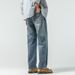 Jeans Men's Loose Harlan Straight Drape Rear Bag Embroidery Simple Double Process Washing_mkmklike.com