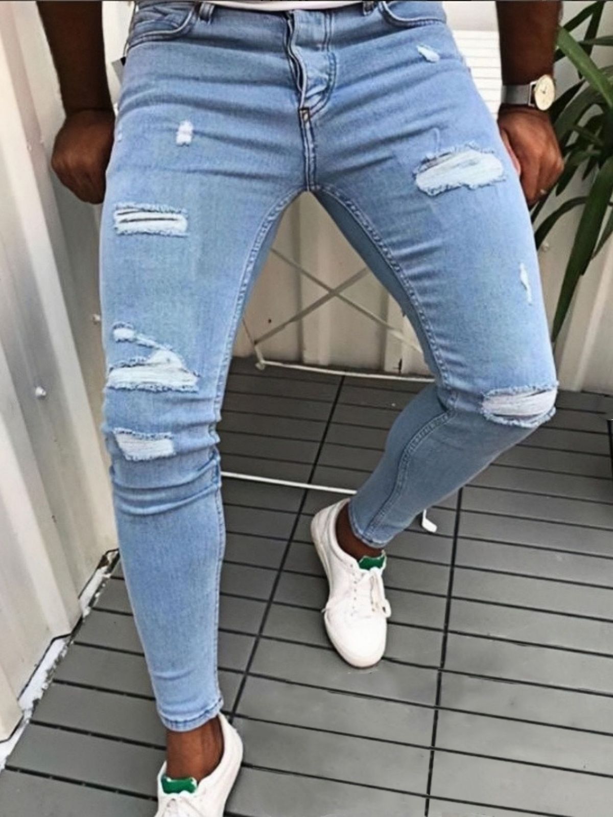 Men’s Skinny Jeans – Trendy Patch Hole Denim Pants, Slim Fit, Stretch Comfort, American High Street Style_mkmklike.com