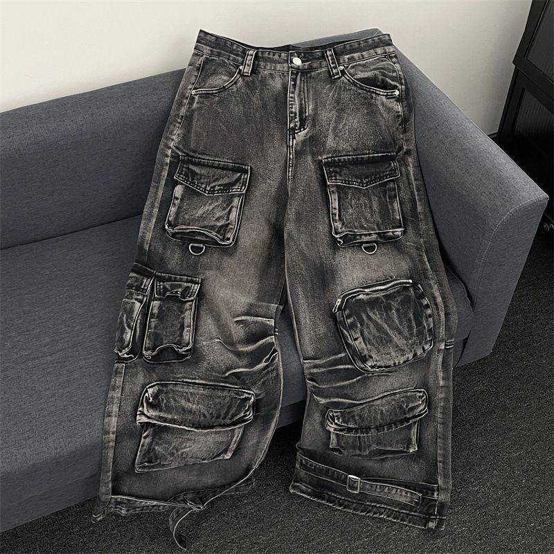 Men's Clothing High Street Heavy Washed Multi Pocket Workwear Jeans For Men And Women Loose American Straight Loose Wide Leg Mopping Trousers_mkmklike.com