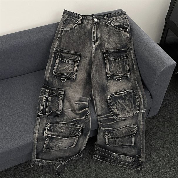 Men's Clothing High Street Heavy Washed Multi Pocket Workwear Jeans For Men And Women Loose American Straight Loose Wide Leg Mopping Trousers_mkmklike.com