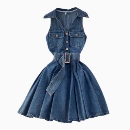 Denim Skirt Design Halter Neck Waist Short Small A Line Puffy Pleated Dress_mkmklike.com