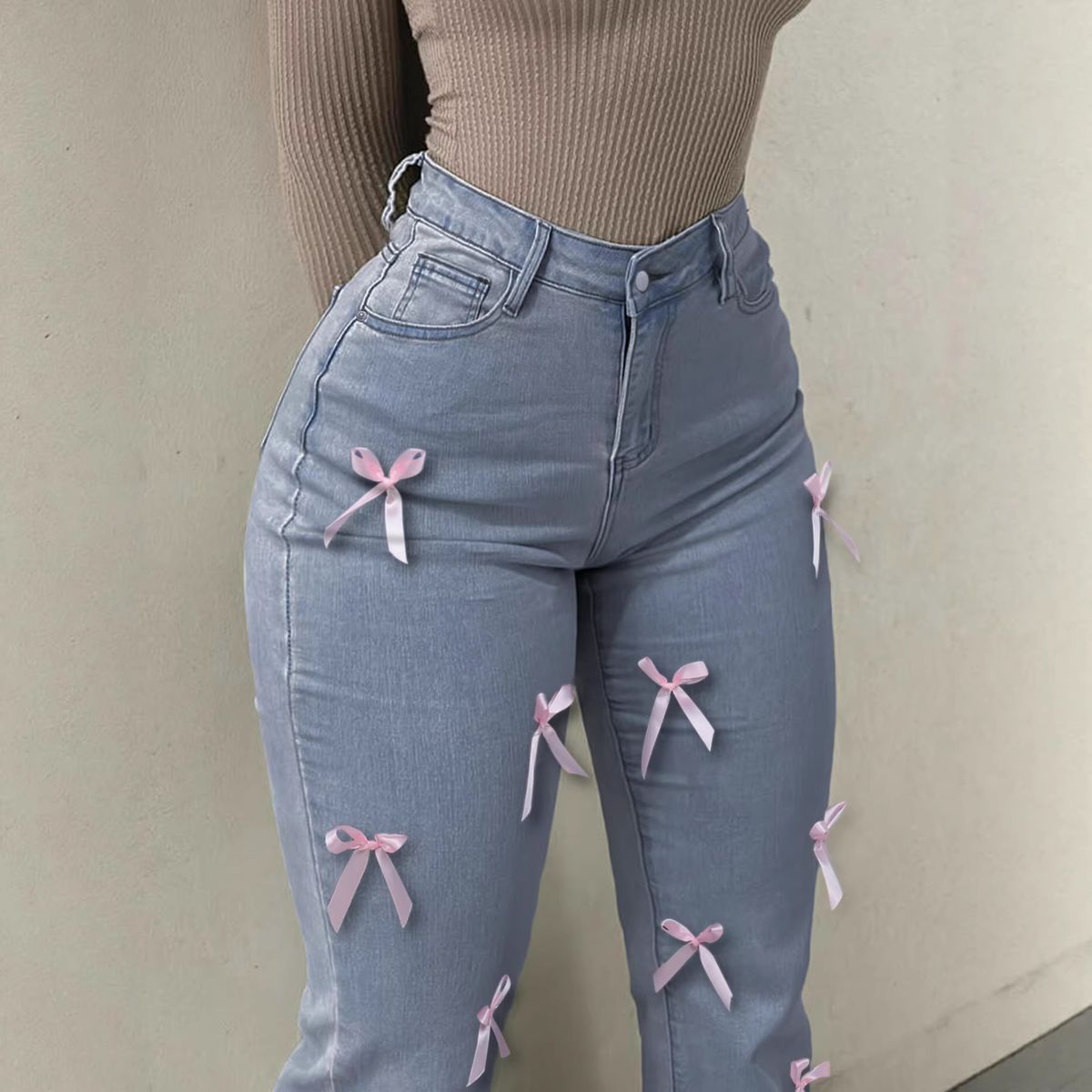 Women's Clothing High Waisted Stretch Skinny Flared Jeans, New Style, Hip Lifting Denim Jeans, Street Style, Bow Tie, Slim Fit, With Pockets._mkmklike.com