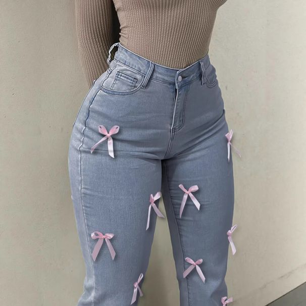 Women's Clothing High Waisted Stretch Skinny Flared Jeans, New Style, Hip Lifting Denim Jeans, Street Style, Bow Tie, Slim Fit, With Pockets._mkmklike.com