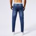 Men's Clothing Patch Rivet Jeans Men's Blue Elastic Small Straight Leg Slim Hole Jeans_mkmklike.com