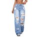 Women's Clothing Ripped Jeans Washed High Waist Straight Leg Distressed Jeans - Classic Blue & Grey Washed Denim Pants For Casual & Streetwear_mkmklike.com