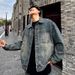 Spring And Autumn American Retro Washed Hong Kong Style Denim Jacket Men's High Street Loose And Handsome Trendy Tooling Ruffian Handsome Jacket_mkmklike.com