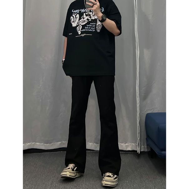 Nordmann Black Flared Jeans For Men, Autumn Winter Loose Straight Casual Pants, Fleece Lined And Thickened, American Hip Hop_mkmklike.com