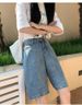 K Cowboy Retro Denim Shorts Women's New High Waisted Straight Leg Five Quarter Pants Loose Wide Leg Shorts_mkmklike.com