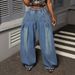 Yuyuan Plus Size Retro Washed Blue Wide Leg Pants High Waisted Lantern Jeans Pleated Women's Denim_mkmklike.com