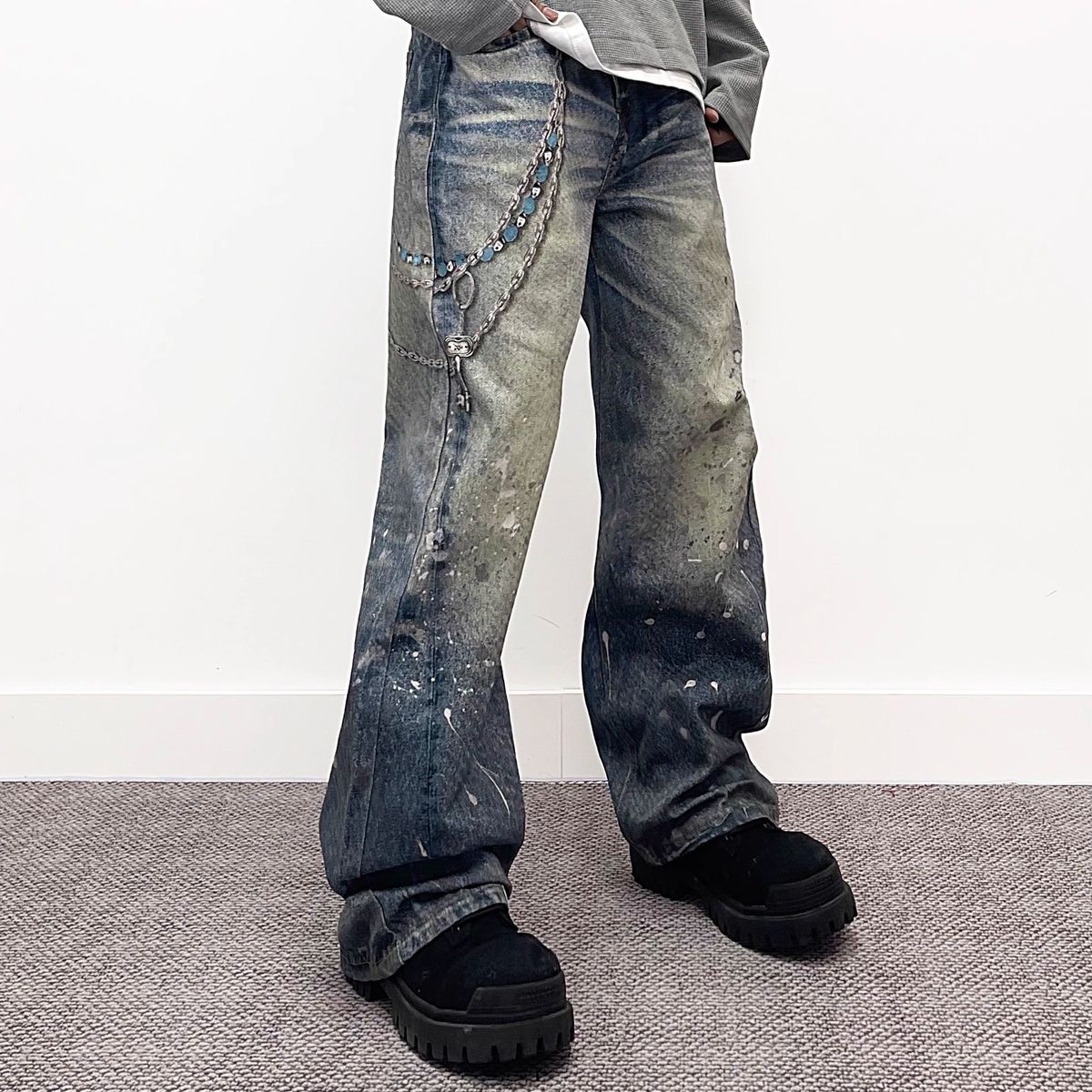Men's Clothing Men's Casual Loose Fit Cleanfit Pants Retro Chain Pendant Print Splatter Jeans Fashion For Men And Women_mkmklike.com