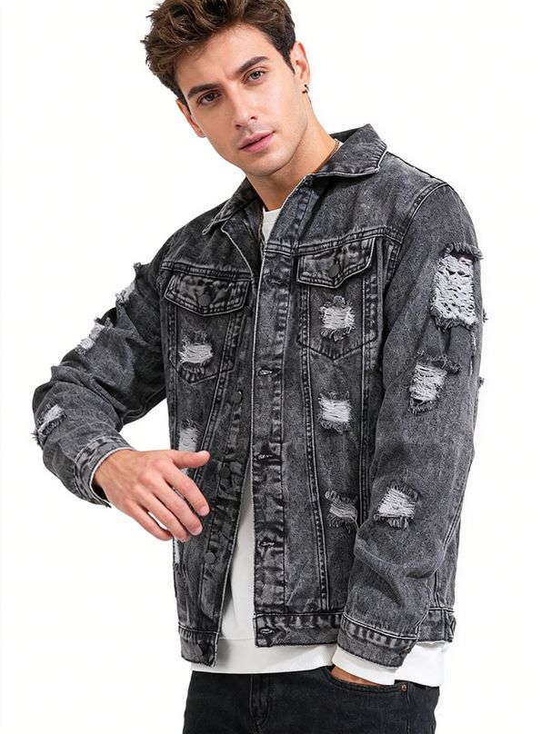 Men's Clothing Men's Trendy Distressed Denim Jacket Snowflake Washed Design Casual Wear For Formal & Casual_mkmklike.com