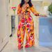 Women's Fashion Print Two-piece Suit Lapel Tie Shirt Wide Leg Pants Suit_mkmklike.com