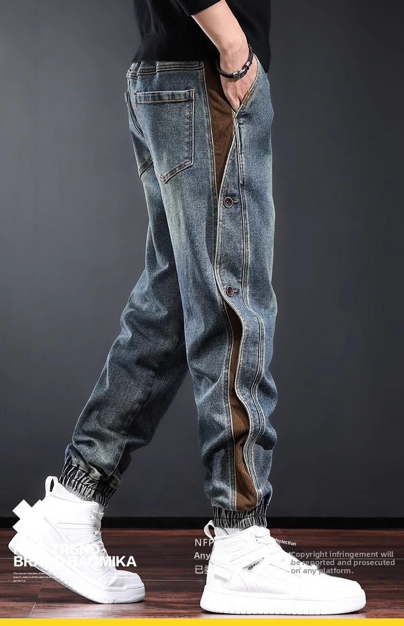 Men’s Slim-Fit Cargo Jeans – Vintage Workwear Style With Stretch & Contrast Paneling, Street-Ready Tapered Leg_mkmklike.com