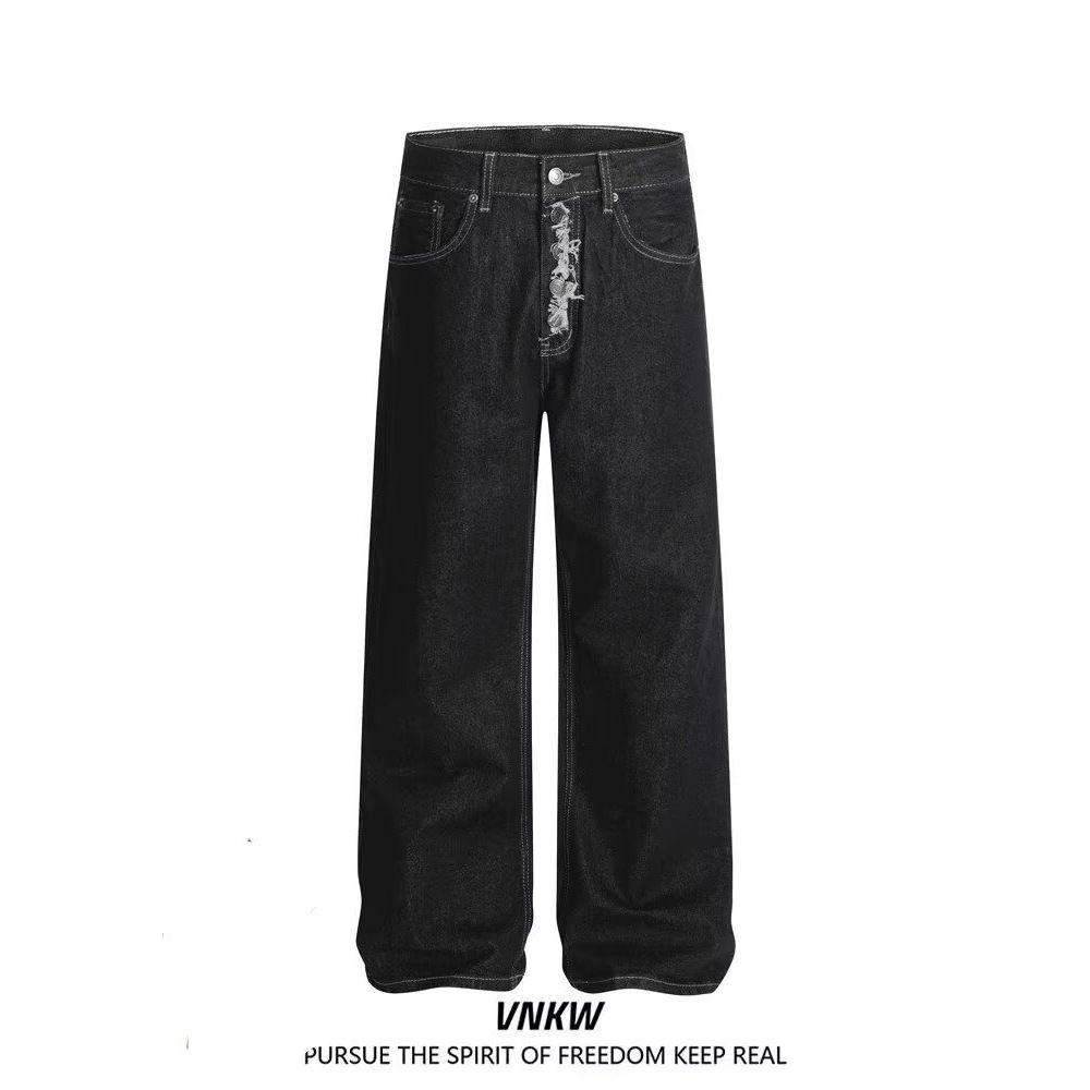 Unisex Vintage Button-Fly Jeans – Retro Straight Leg With Relaxed Fit For Men & Women (S-3XL, Classic Black Denim)_mkmklike.com