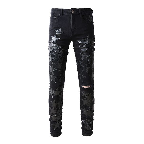 Men's Clothing Foreign Trade Men's High Street Fashion Brand Five Pointed Star Patch Men's Handsome Jeans Pants Youth Slim 691_mkmklike.com
