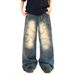 Post-apocalyptic Style Color-Block Spray Paint Jeans Men's Trendy Punk Washed Tie-Dye Distressed Dirty Wide-Leg Straight_mkmklike.com