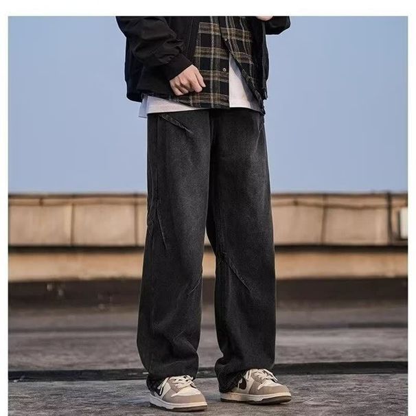 Pure American Jeans Men's Loose Wide-Leg Pants Trendy Brand Cool Elastic Waist Straight High Street Retro_mkmklike.com