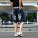 Men's Blue Loose Straight Leg Denim Shorts Mid-Length Patchwork Trendy Brand Five-Point Print Cross-Border European Size_mkmklike.com
