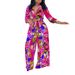 Women's Fashion Print Two-piece Suit Lapel Tie Shirt Wide Leg Pants Suit_mkmklike.com