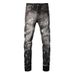 Unisex Y2K Stacked Flared Jeans, Ash Grey Fade, White Splatter, Small Ripped Knee, Summer_mkmklike.com