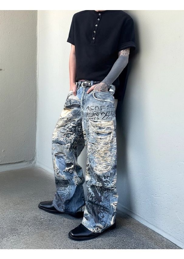 Summer New Illusion Distressed 3D Printed Digital Jeans Loose Trendy Design Versatile Long Pants_mkmklike.com