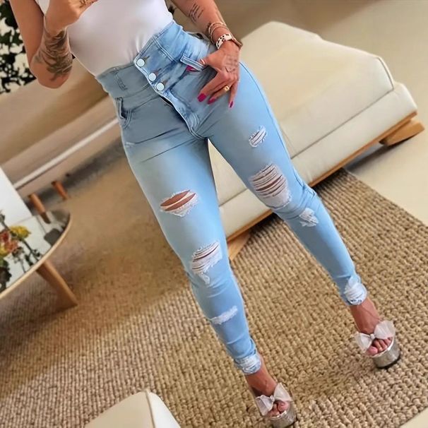 "High Waisted Ripped Skinny Jeans – Butt Lift Stretch Denim, Multi-Button Closure, Light Blue Slim Fit Jeans For Women (Sizes S-2XL)"_mkmklike.com