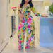 Women's Fashion Print Two-piece Suit Lapel Tie Shirt Wide Leg Pants Suit_mkmklike.com