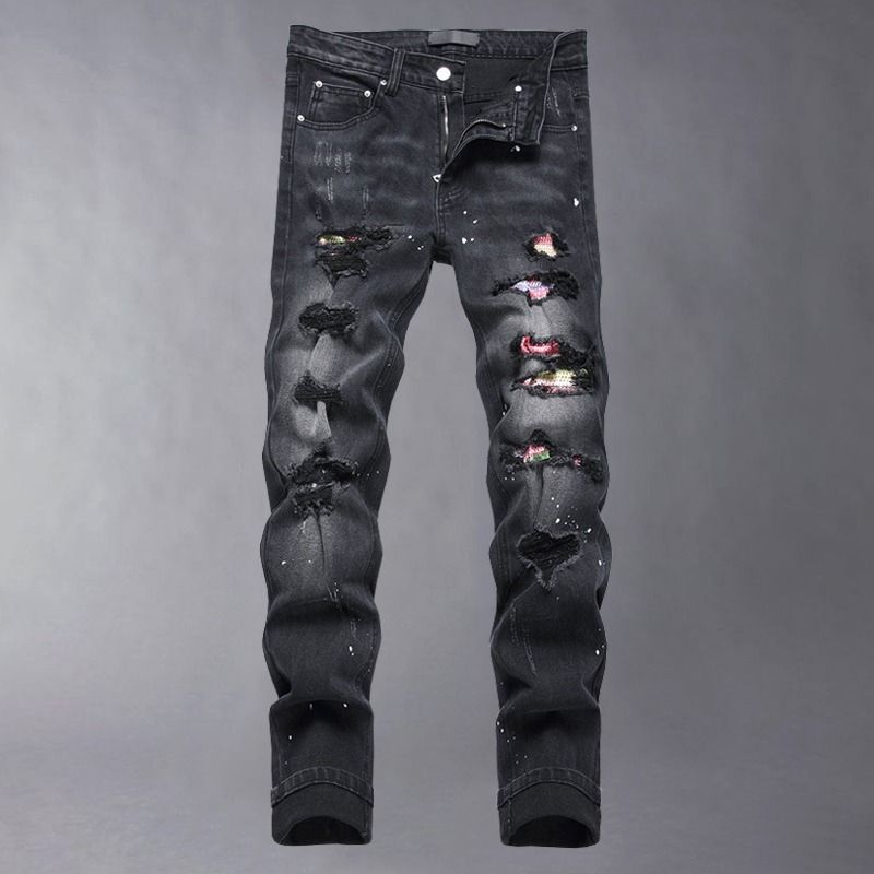 Streetwear Ripped Jeans – Black Slim Fit Stretch Denim With Rhinestone & Patchwork (S-3XL, Skinny Tapered, Distressed, Hip-Hop & Punk Style)_mkmklike.com