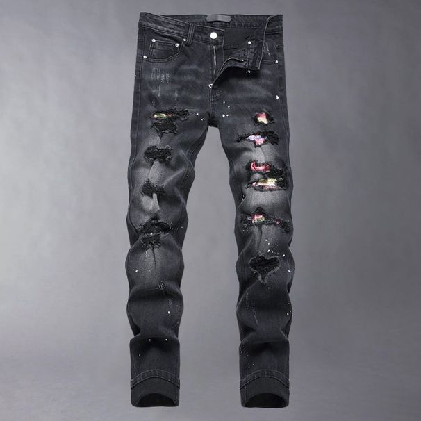 Streetwear Ripped Jeans – Black Slim Fit Stretch Denim With Rhinestone & Patchwork (S-3XL, Skinny Tapered, Distressed, Hip-Hop & Punk Style)_mkmklike.com
