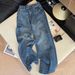 Women's Clothing Women's High-Waisted Straight Leg Jeans Blue Floral And Rhinestone Embroidery Retro Wide Leg Design For Spring And Autumn_mkmklike.com
