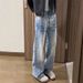 Light Blue Heavyweight Jeans Lightning Bolt Pattern Straight Leg Washed Gradient Flared Trousers American High Street Style_mkmklike.com