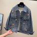 Chicco Spring Jacket For Women With Knitted Flowers, New Vintage Rhinestone Denim Jacket, Short Workwear Top_mkmklike.com