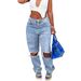 Women's Straight Leg Jeans Solid Color Bohemian Denim Pocket Zipper Button Street Style Everyday Wear All Year Round_mkmklike.com