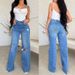 Factory Direct Ladies Jeans Long High Waist Ripped Burr Selling European And American Style Comfortable Wide Leg Pants_mkmklike.com