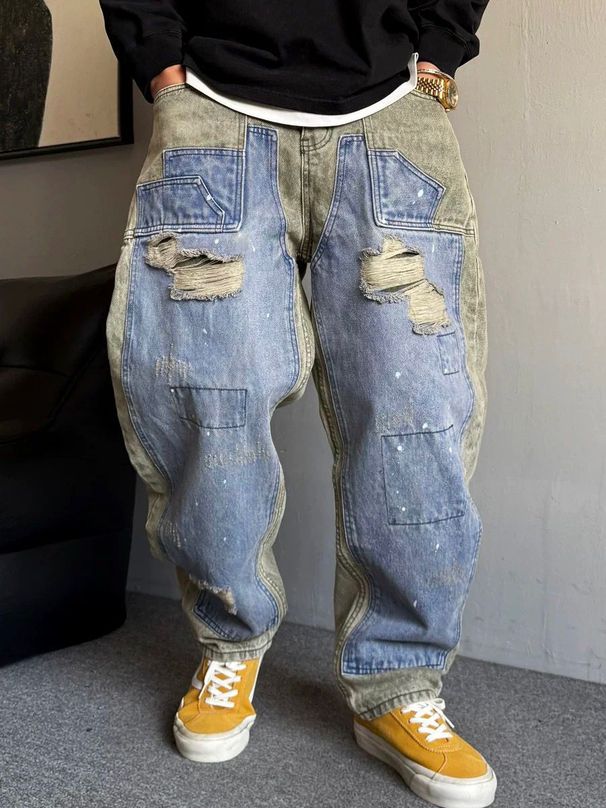 Men's Clothing Niche Retro Dirty Wash Old Paint Ripped Jeans Men's Trendy Brand Handsome Big Machete Wide Leg Mopping Long Pants_mkmklike.com