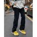 Nordmann Black Cargo Jeans For Men, Straight Loose Fit, American Vibe Style, High Street Buttoned Split Flared Pants_mkmklike.com