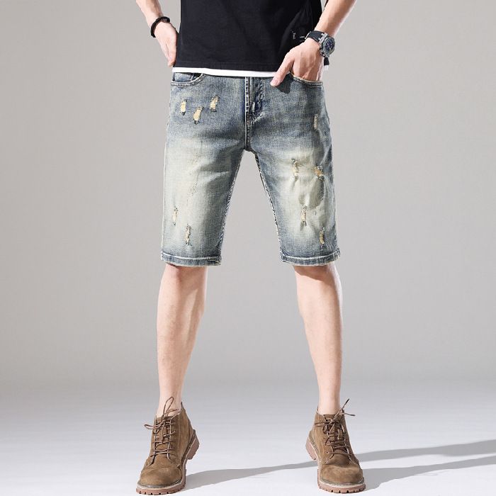 Men's Clothing Summer Retro Hole Denim Shorts Men's Loose Five Point Pants Men's Trendy Brand Five Point Pants Mid Length Pants_mkmklike.com