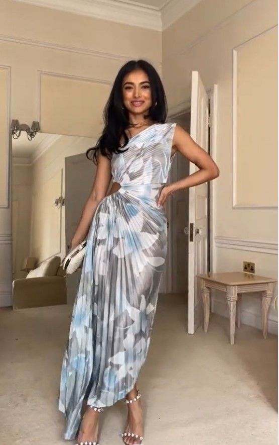 Women's clothing Hot Sale Hot Sale One Shoulder Floral Print Pleated Dress (Four Sides Stretch)_mkmklike.com