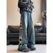 Vintage Distressed Denim Jeans For Men - Retro Washed Blue Relaxed Fit With Faux Rips & Patch Details_mkmklike.com