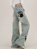 Spring And Autumn New American Street Style Palm Print Loose Floor-Length Jeans For Women Trendy_mkmklike.com