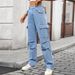 Women's Washed Workwear Cargo Pants With Ribbon Detail - High Waist Straight Leg Denim Pants For Casual Streetwear_mkmklike.com